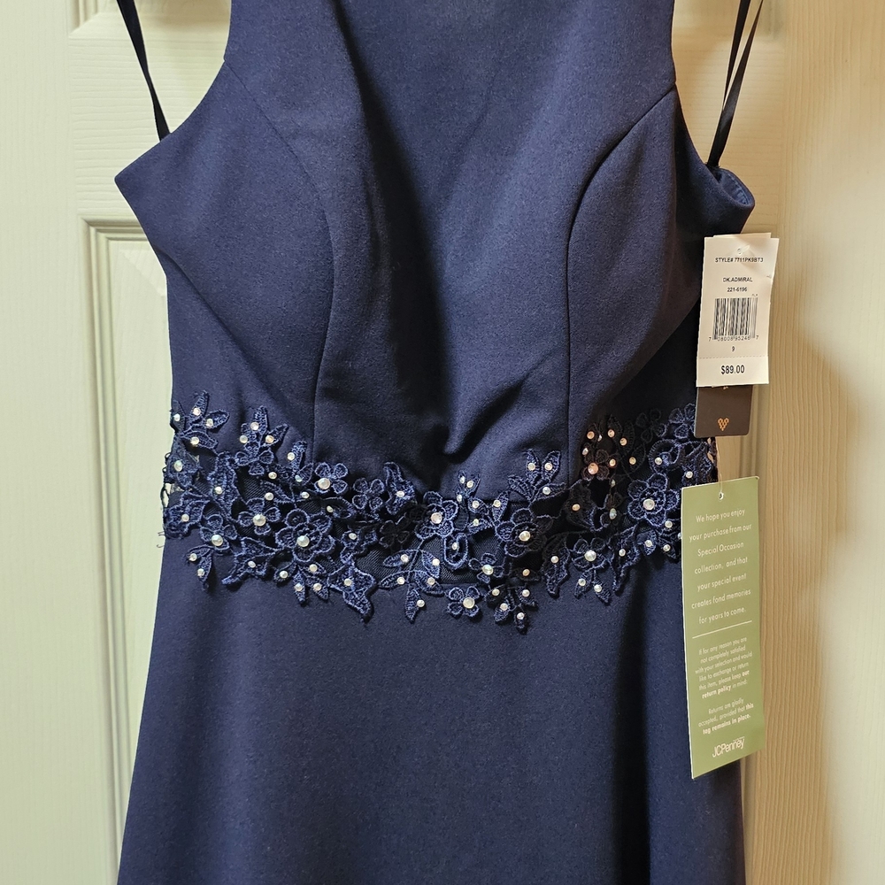 Jovani Blue Sequin Embellished Halter Sheath Dress